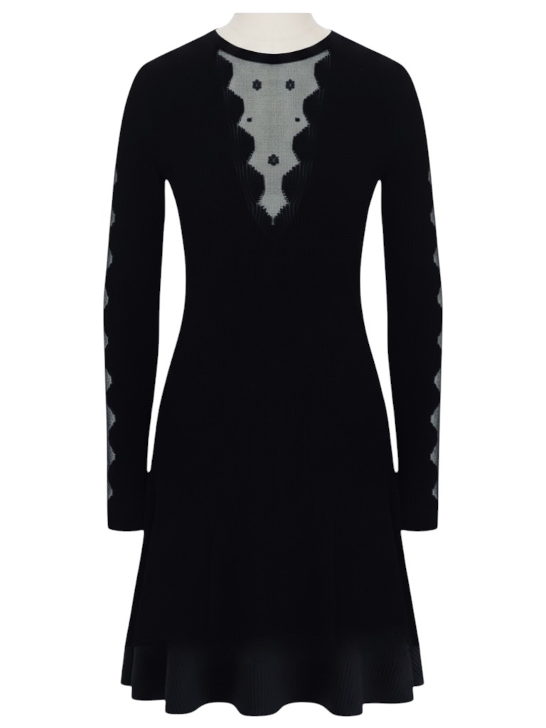 Alexander Mcqueen Black Mesh Paneled Trapeze Midi Dress